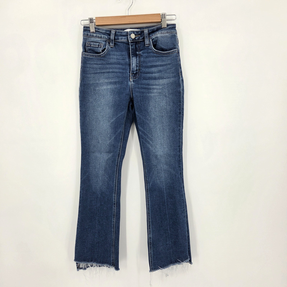VERVET Inspirational Raw Hem Kick Flare Crop High Rise Jeans Blue Denim Size 26